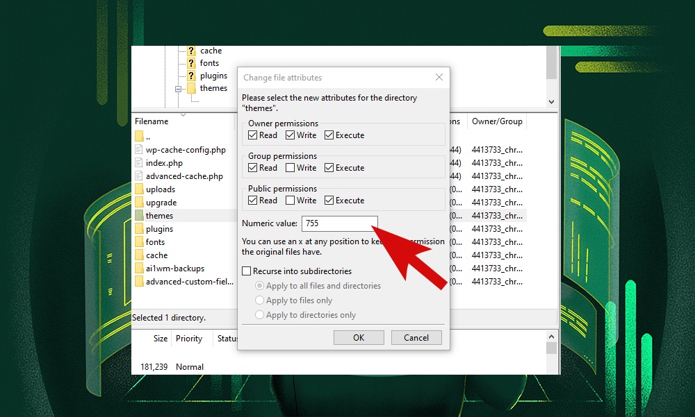FileZilla file permission setting