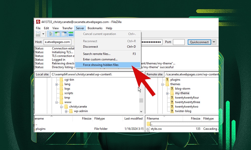 FileZilla show hidden files