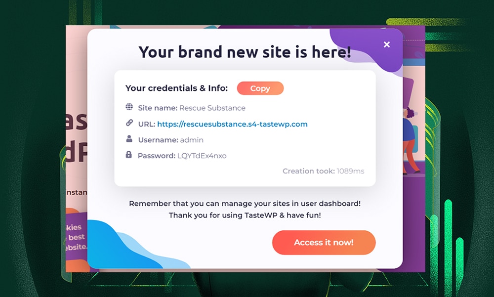 TasteWP login credentials