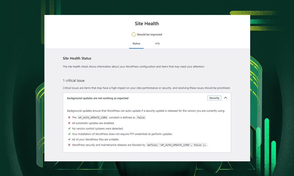 WordPress Site Health critical issues