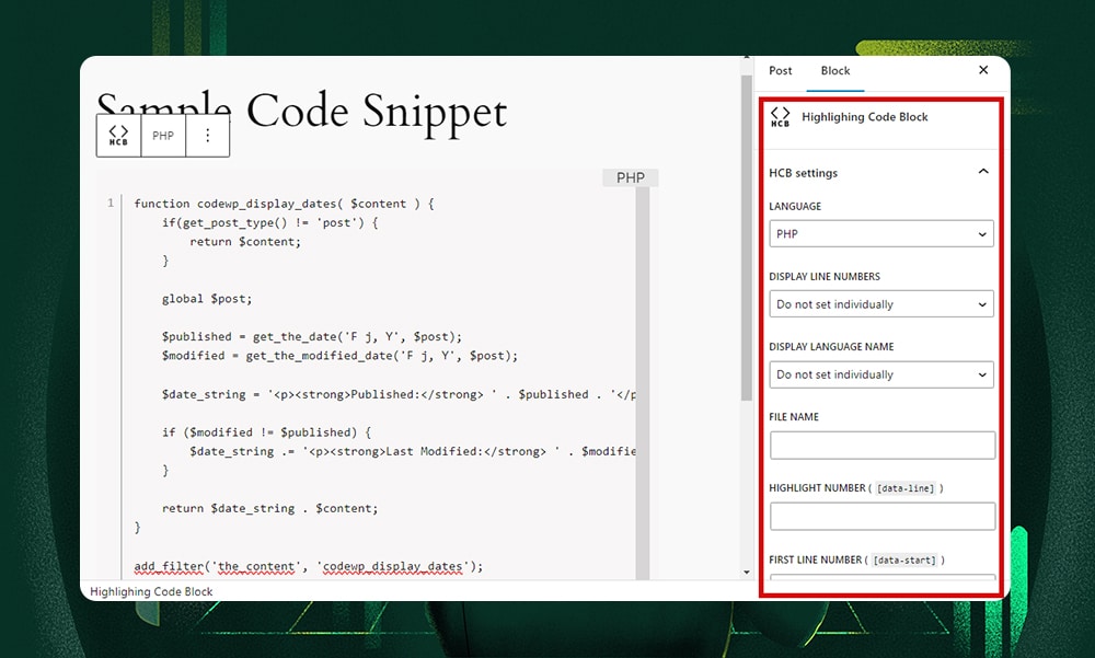 Highlighting Code Block settings