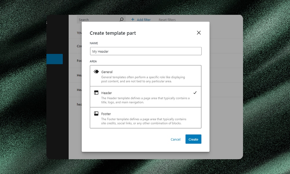 WordPress editor creating template parts