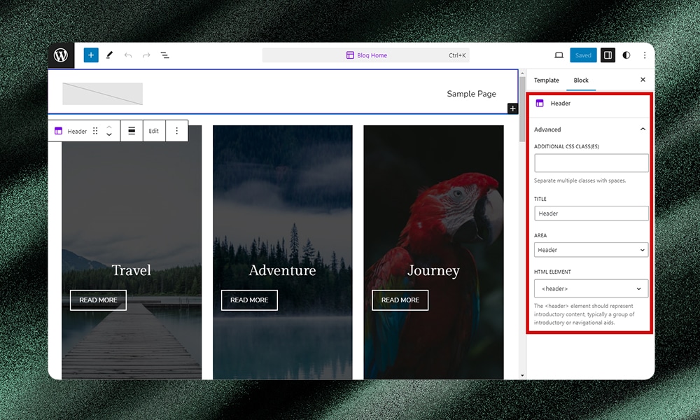 WordPress header block settings