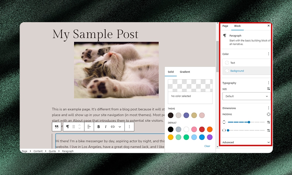 WordPress editor block settings